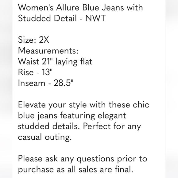 Women's Allure Blue Jeans with Studded Detail - NWT - Picture 8 of 9